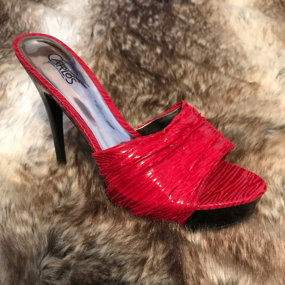Red open toe pumps with black platform and heels